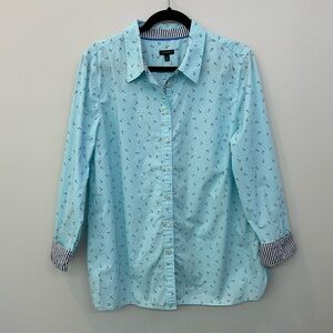Talbots Button Up Cotton Shirt Aqua Blue With Navy Anchors Nautical Size XL